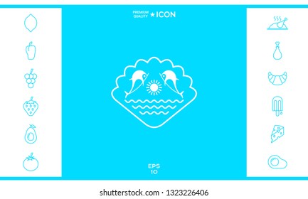 Logo - Dolphins with the sun and the sea - on the background of the seashell. Graphic elements for your design