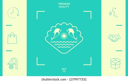 Logo - Dolphins with the sun and the sea - on the background of the seashell. Graphic elements for your design