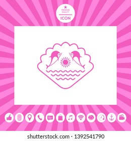 Logo - Dolphins with the sun and the sea - on the background of the seashell. Graphic elements for your design