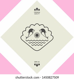 Logo - Dolphins with the sun and the sea - on the background of the seashell. Graphic elements for your design