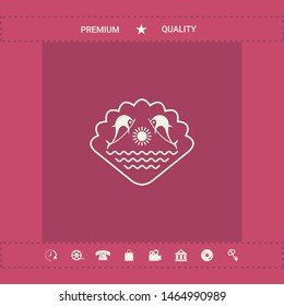 Logo - Dolphins with the sun and the sea - on the background of the seashell. Graphic elements for your design