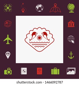 Logo - Dolphins with the sun and the sea - on the background of the seashell. Graphic elements for your design