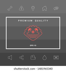 Logo - Dolphins with the sun and the sea - on the background of the seashell. Graphic elements for your design