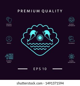 Logo - Dolphins with the sun and the sea - on the background of the seashell. Graphic elements for your design