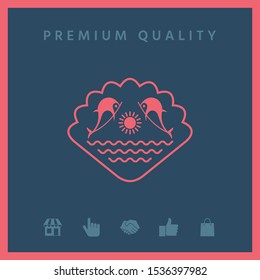 Logo - Dolphins with the sun and the sea - on the background of the seashell. Graphic elements for your design
