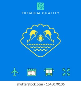 Logo - Dolphins with the sun and the sea - on the background of the seashell. Graphic elements for your design
