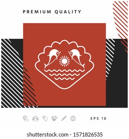 Logo - Dolphins with the sun and the sea - on the background of the seashell. Graphic elements for your design