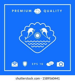 Logo - Dolphins with the sun and the sea - on the background of the seashell. Graphic elements for your design