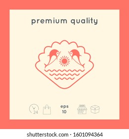 Logo - Dolphins with the sun and the sea - on the background of the seashell. Graphic elements for your design