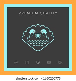 Logo - Dolphins with the sun and the sea - on the background of the seashell. Graphic elements for your design