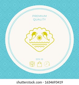 Logo - Dolphins with the sun and the sea - on the background of the seashell. Graphic elements for your design