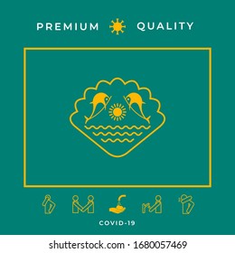 Logo - Dolphins with the sun and the sea - on the background of the seashell. Graphic elements for your design