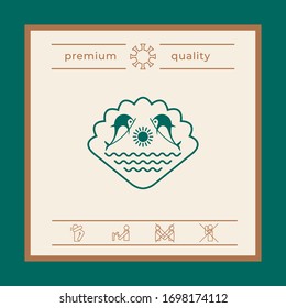 Logo - Dolphins with the sun and the sea - on the background of the seashell. Graphic elements for your design