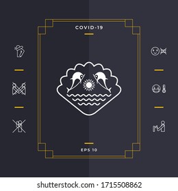 Logo - Dolphins with the sun and the sea - on the background of the seashell. Graphic elements for your design