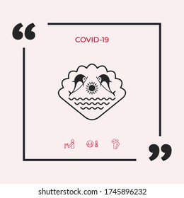 Logo - Dolphins with the sun and the sea - on the background of the seashell. Graphic elements for your design
