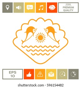 Logo - Dolphins with the sun and the sea - on the background of the seashell
