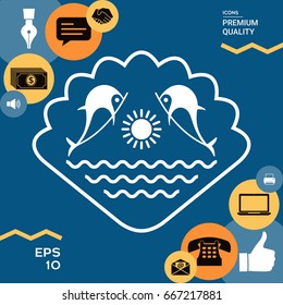 Logo - Dolphins with the sun and the sea - on the background of the seashell