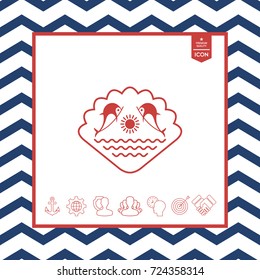 Logo - Dolphins with the sun and the sea - on the background of the seashell