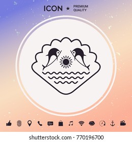 Logo - Dolphins with the sun and the sea - on the background of the seashell