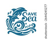 The logo is Dolphins, waves and the text Save the sea