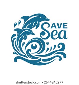 O logotipo é Dolphins, ondas e o texto Salvar o mar