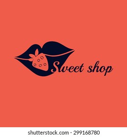 Logo with doodle style strawberry and lips for corporate identity. Vector illustration.