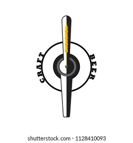 Logo for draft beer with yellow spikelet of wheat, barley. Silhouette, part of beer pump with tap and handle. Vector illustration with isolated object on white background.
