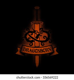 Logo with dragon and sword. Medieval coat of arms.
