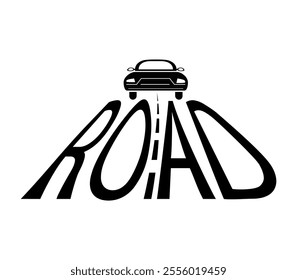 Logo. Drawing of a car and a road. The road is made in the form of a word. Vector illustration in black isolated on a white background