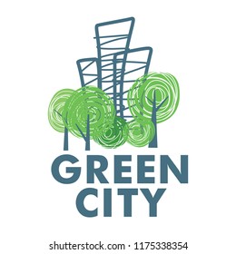Logo drawn city and green trees. Stylish vector graphics
