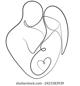logo is drawn with different, thin lines that form a pattern of a couple of people, where the woman is pregnant and where the pregnant belly is, a line in the shape of a heart