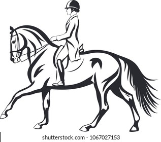 A logo of a dressage rider on a horse.