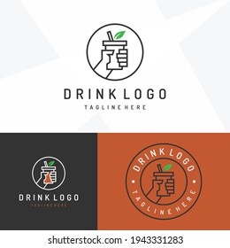 Logo for drinks of boba milk tea and coffee, Vector black line icon hand holding a bottle. 