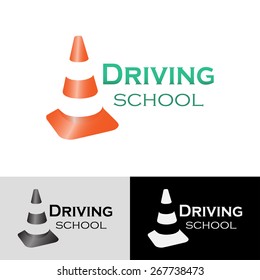 Logo driving school with traffic cone. Different vector variants