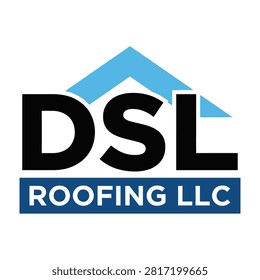 Logo of DSL Roofing LLC with black text and blue roof on white background