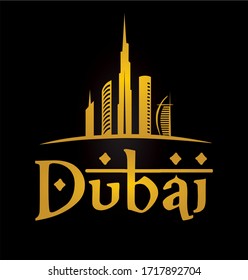 Logo, Dubai representation. Buildings, City comercial. Gold Colors 