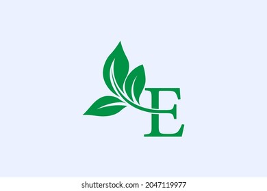 Logo e and leaves With dark green color. Vector illustration of a line lettering symbol