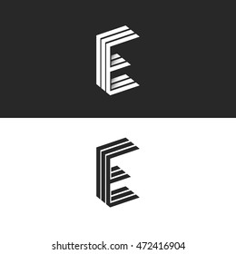 Logo E letter, initial monogram emblem, isometric geometric shape, black and white graphic design element