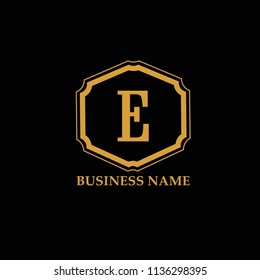 Logo E Letter. The modern and refined element of the logo design template is isolated on a black background. Vintage can be used for office, agency, brand, business cards, restaurant, boutique, hotel.