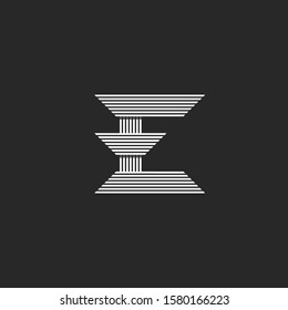 Logo E letter monogram mockup, peaked form from thin black and white lines, striped mark initial for business card