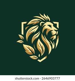 Logo Earth Lion King Nature. A crowned lion with leaf and shield — a symbol of royal power rooted in nature’s wisdom and strength.