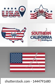 Logo For Earthquake South California 7.1 On The Richter Scale. United States Flag Logo With Cracks. 4 Logos Illustrating Disasters With Stars, Line Logos And Seismic Graphics. Disasters In America