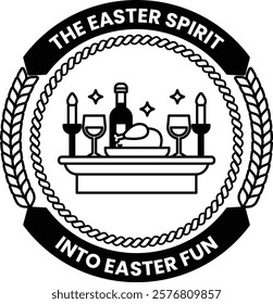 A logo for Easter Spirit that is a circle with a table and wine glasses on it