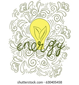 Logo eco energy with an inscription by hand, a bulb with green leaves, a sprout of a plant inside a lamp