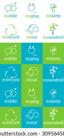 Logo Eco Power Icon pack linear with bike, car, plug, lamp, windmill and recycle bin