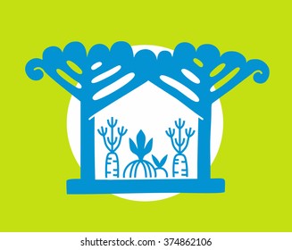 Logo eco vegetable house for vegan and vegetarian with onion and carrot tree and sun for clean food