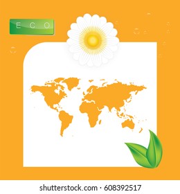 logo eco world map white flower green leaves on a yellow background modern art creative vector illustration