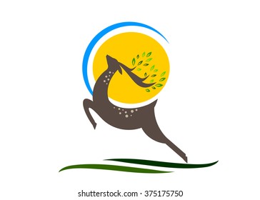 logo ecology. A deer with horns and leaves against the sun and the sky