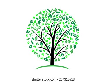 logo education. Abstract tree in the form of a sphere and green letters.