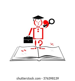 logo education. The book, punctuation marks, man with key and portfolio